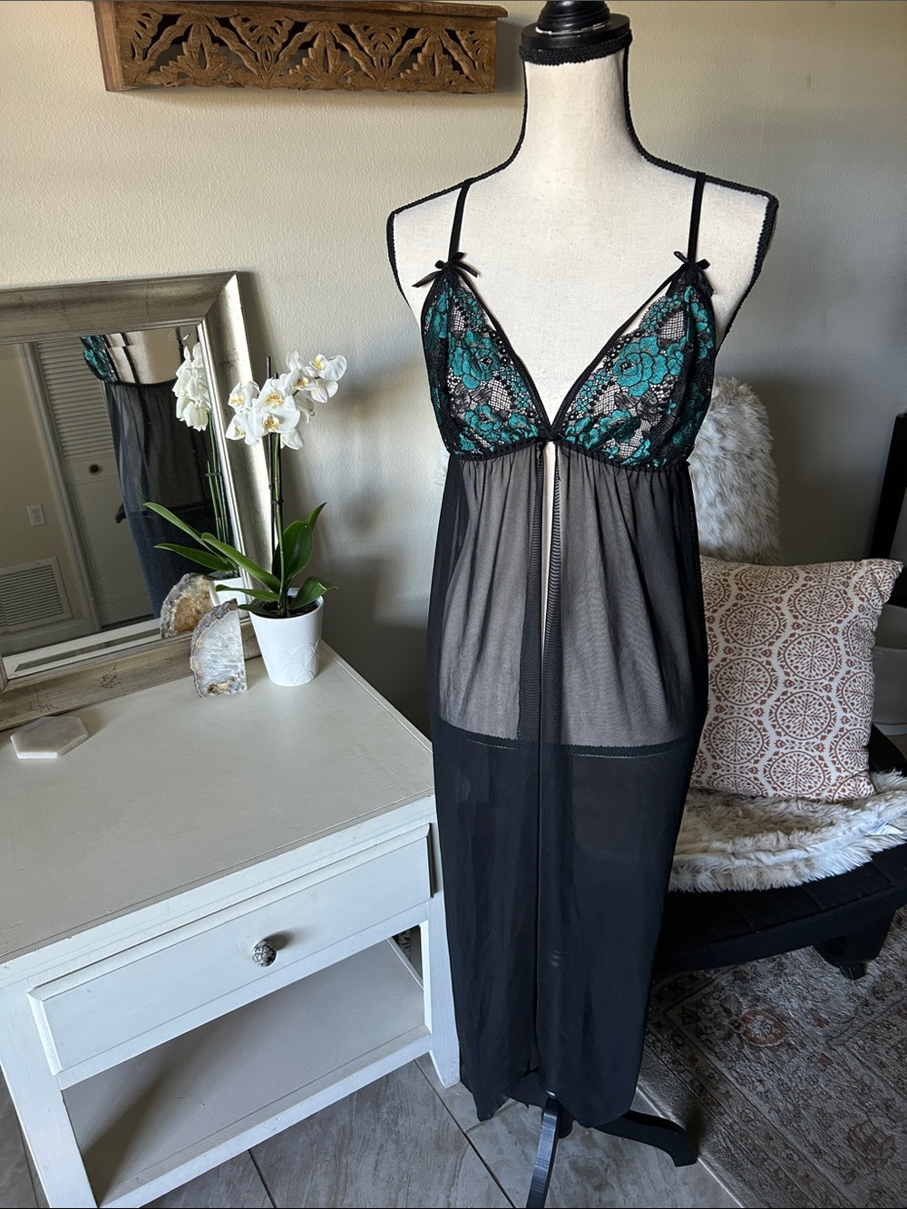 Joyaria black goth dark moody romantic sheer lace slip midi dress med L XL
